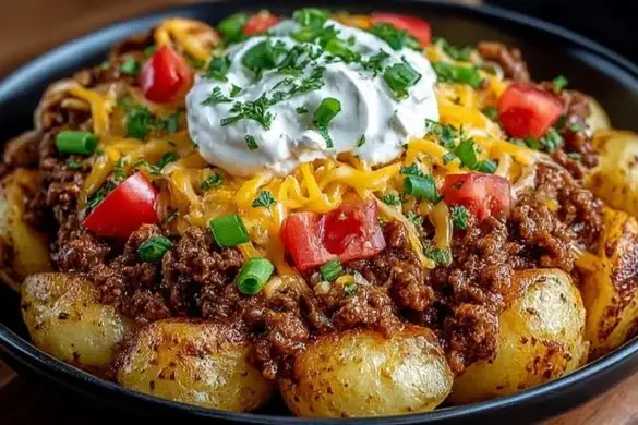 Cheesy Taco Potatoes with Ground Beef and Sour Cream