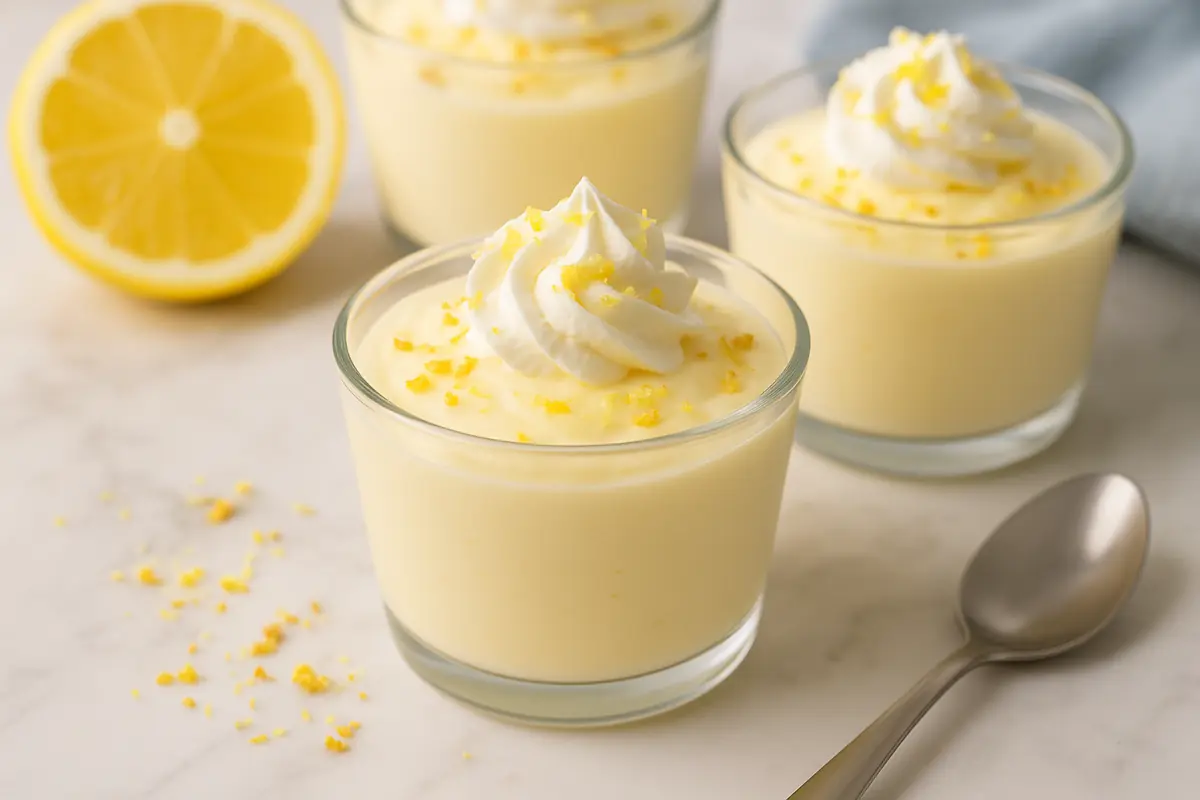 2-ingredient lemon cream dessert served in a glass cup topped with whipped cream and lemon zest
